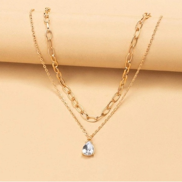 Gold Tone Layered Necklace with Crystal Teardrop Pendant - Picture 2 of 10